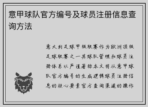 意甲球队官方编号及球员注册信息查询方法